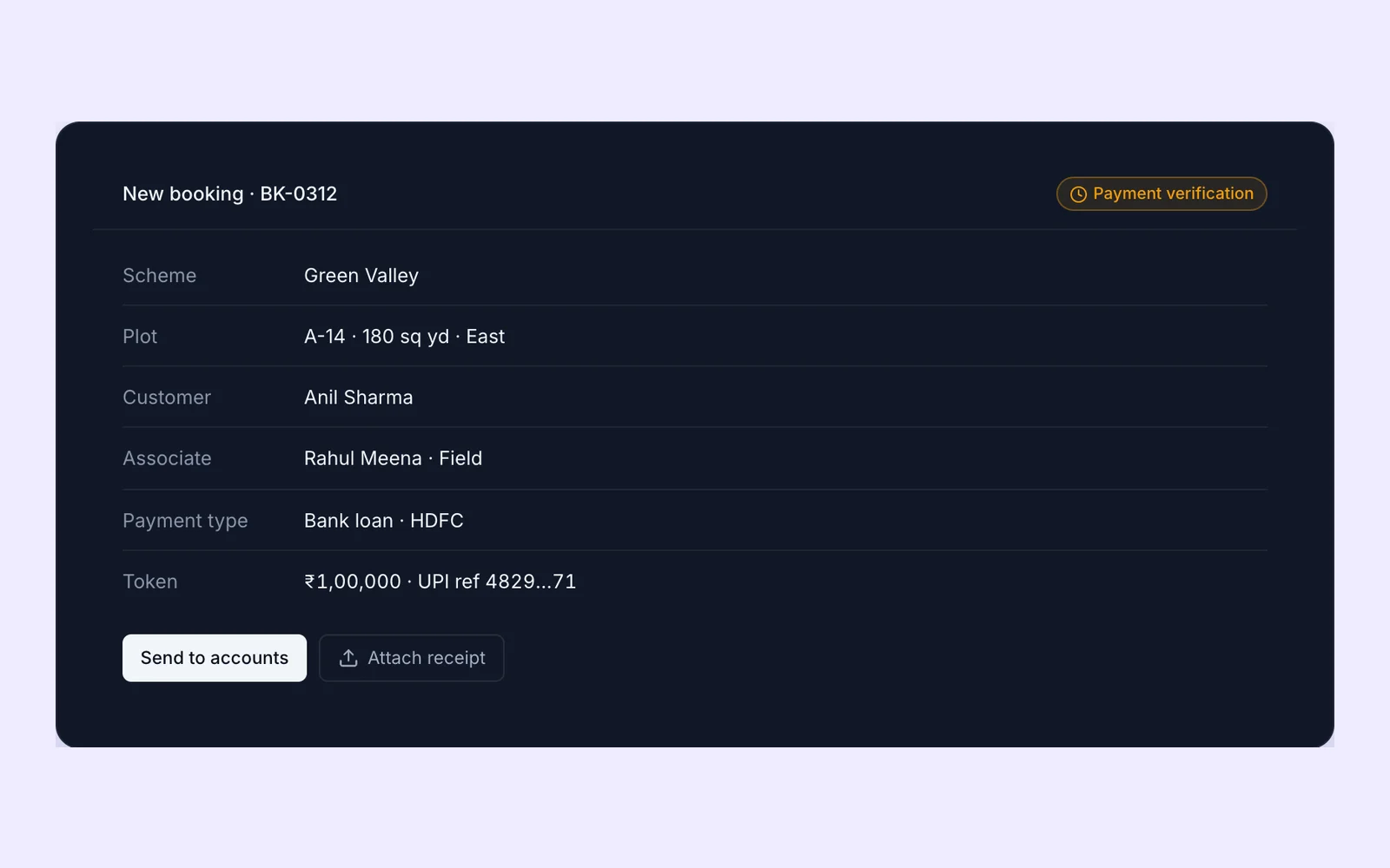 Estatrail booking workflow: booking BK-0312 for plot A-14 moving from token verification to agreement, KYC and allotment, with the desk and date of each step.
