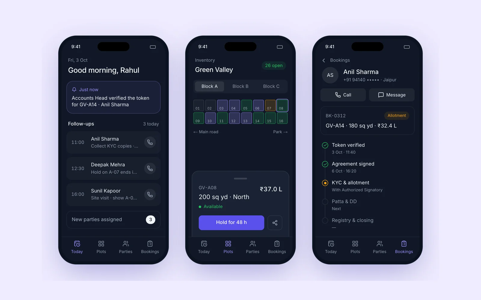 Estatrail associate app on three phones: a Today screen with follow-ups and new parties, a block A site plan with plot A-08 available to hold, and a party screen showing booking BK-0312 at the KYC and allotment stage.